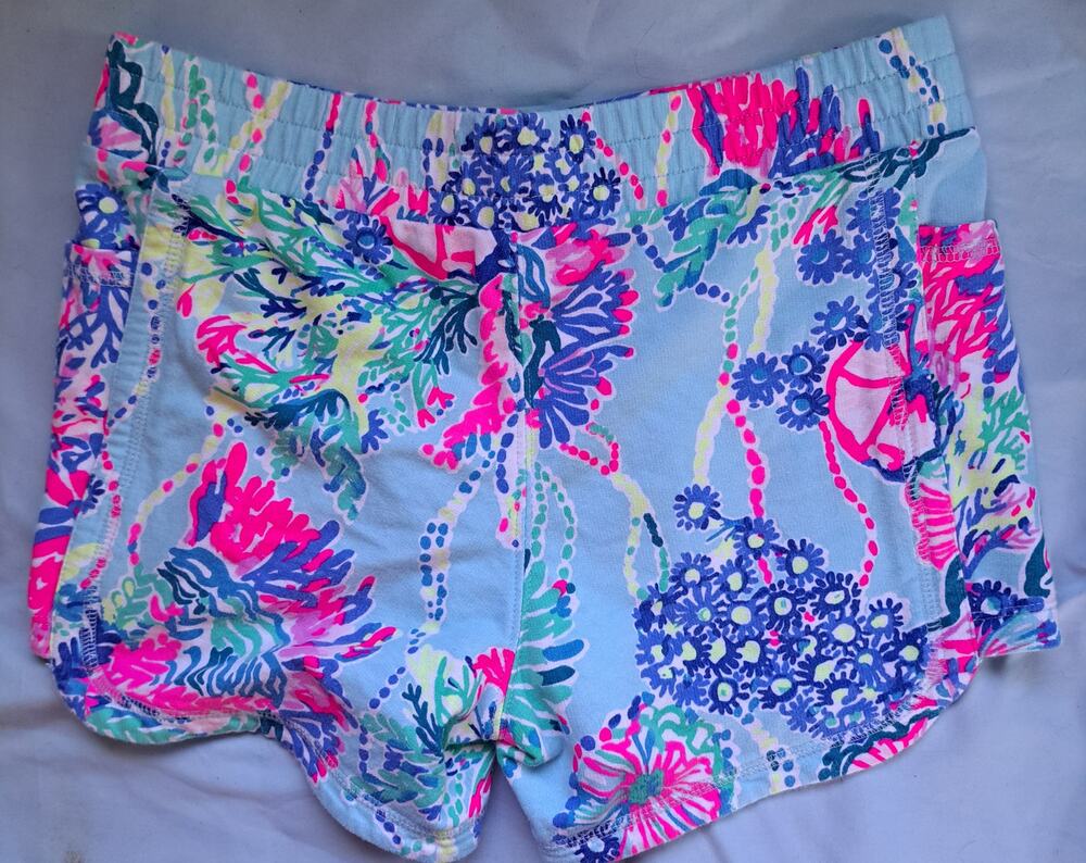 Lilly Pulitzer XXS Blue Floral Coral Print Shorts Elastic Waist Preppy Beach